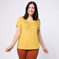 DG2 by Diane Gilman V-Neck Rhinestone Embellished Short-Sleeve Tee