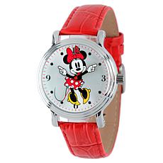 Disney Minnie Mouse Women's Shiny Silver Watch w/ Red Leather Strap