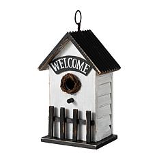 Glitzhome 11" Washed White Rustic Birdhouse with Welcome Sign