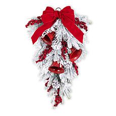 Glitzhome 30"H Flocked Red Bell & Berry Bow Teardrop