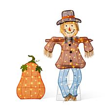 Glitzhome Set of 2 Lighted Fall Scarecrow & Pumpkin Outdoor Décor