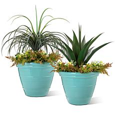 Glitzhome Set of 2 Round Turquoise Faux Ceramic Pot Plastic Planter