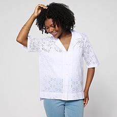 HUE Button-Front Cotton Eyelet Top