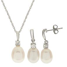 Imperial Pearls Cultured Pearl and White Topaz Pendant and Earrings