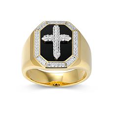 Men's Gold-Plated Onyx and Created White Sapphire Cross Ring
