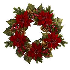 Nearly Natural 24" Poinsettia Berry & Gold Pine Cone Artificial Wreath
