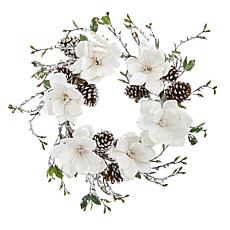 Nearly Natural 24" Snowed Magnolia Pine Cone Wreath