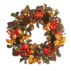 Nearly Natural 26 in. Persimmon and Pinecones Artificial Fall Wreath