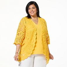Nina Leonard Bell-Sleeve Open Front Crochet Cardigan