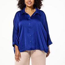 Nina Leonard Hammered Satin Button Front Dolman Top