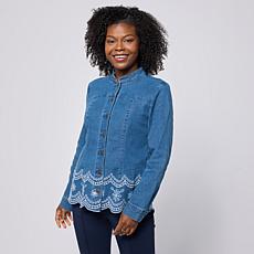 Nina Leonard Mandarin Collar Denim Jacket w/Scalloped Embroidery Hem