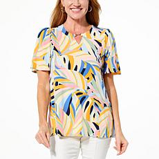 Nina Leonard Printed Flutter-Sleeve Keyhole Top 