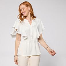 Nina Leonard Textured Wave Flutter-Sleeve Mandarin Collar Blouse