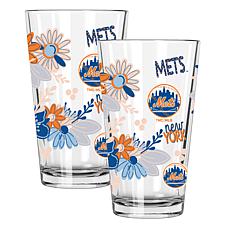 Official MLB Flower-Design & Logo 16 oz. Pint Glass 2pk- New York Mets