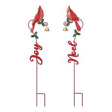 Set of 2 Christmas Metal Cardinal with Bell Yard Stake or Wall Decor