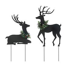 Set of 2 Christmas Metal Silhouette Reindeers Yard Stake or Wall Decor