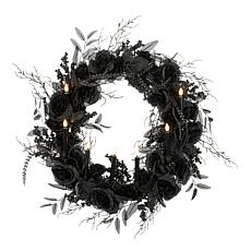 Spooky Lane Black Rose Wreath with Candles