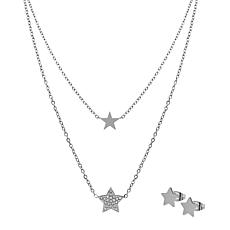 Stately Steel CZ Star Two-Strand Necklace and Stud Earrings Set
