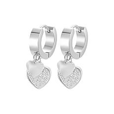 Stately Steel Double Heart CZ Charm Huggie Earrings