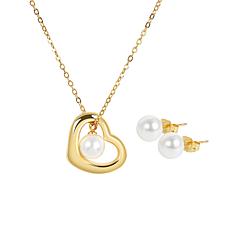 Stately Steel Open Heart Pearl Necklace and Stud Earrings Set