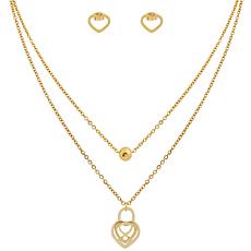 Stately Steel Two-Strand Heart Necklace and Stud Earrings Set