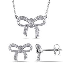 Sterling Silver .10ct Diamond Bow Necklace and Stud Earrings Set