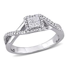 Sterling Silver .27ctw Diamond Princess and Round Halo Engagement Ring