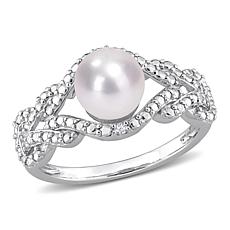 Sterling Silver 7-7.5mm Cultured Pearl and Diamond Infinity Ring