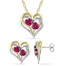 Two-Tone Created Ruby & Diamond Heart Necklace & Earrings