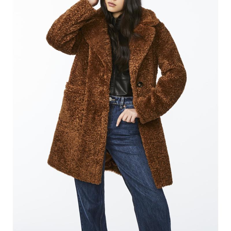 bernardo check teddy faux fur coat