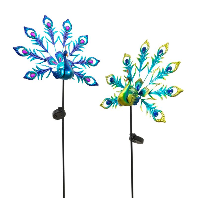 Gerson Assorted Metal and Glass Solar Peacock Yard Stakes 2-pack