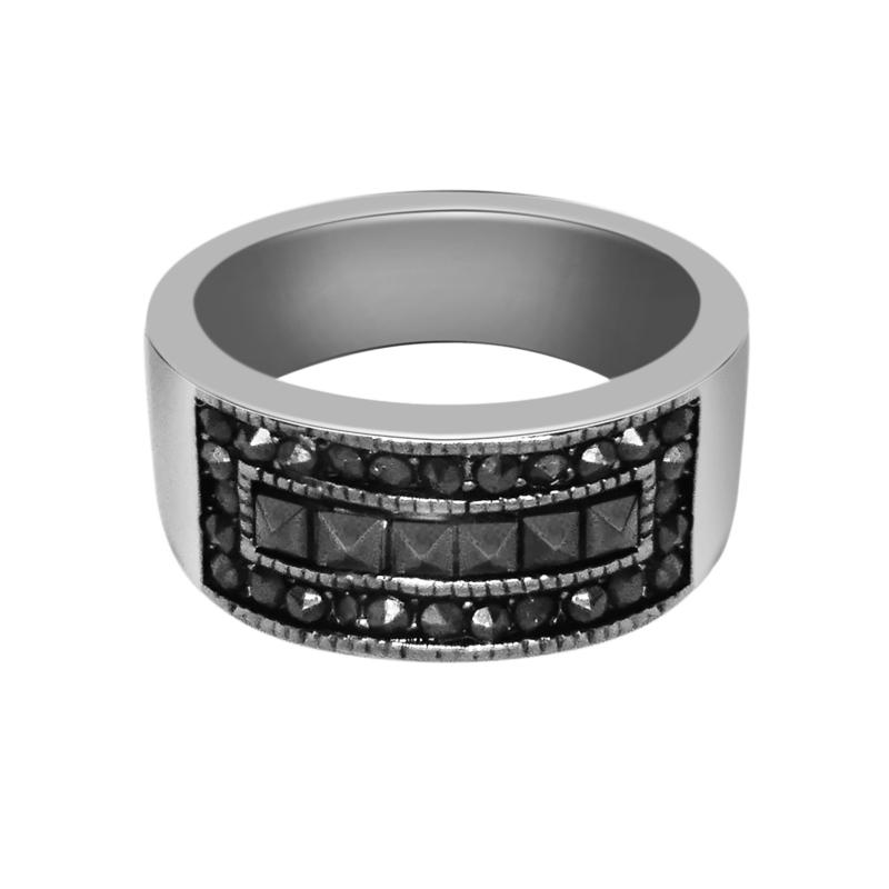 Stately Steel Marcasite Round and Princess-Cut Ring