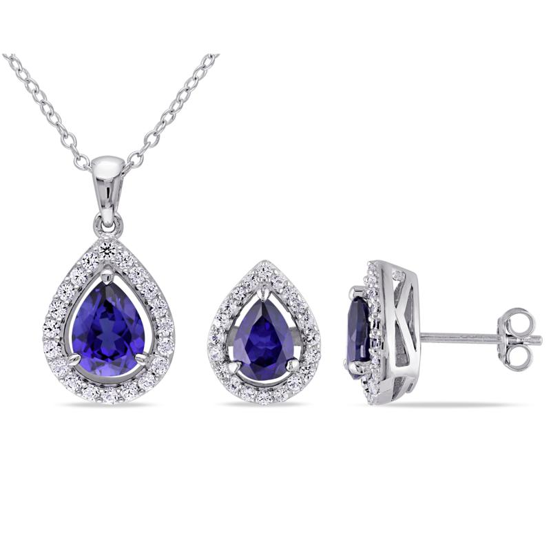 Sterling Silver Created Sapphire Teardrop Halo Pendant and Earrings