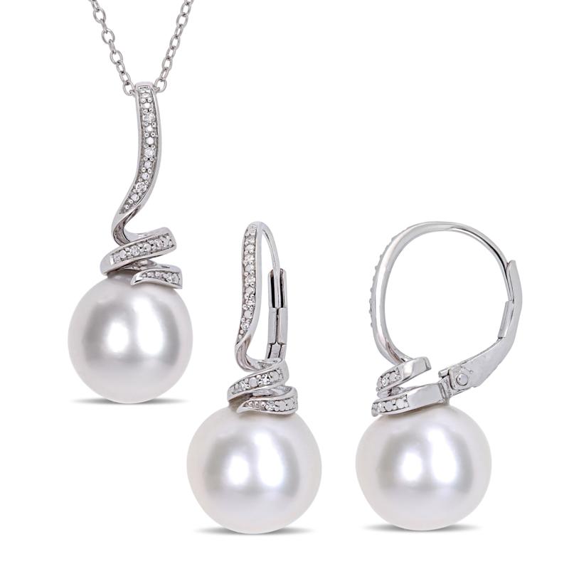Sterling Silver Cultured Pearl and Diamond Spiral Earrings and Pendant