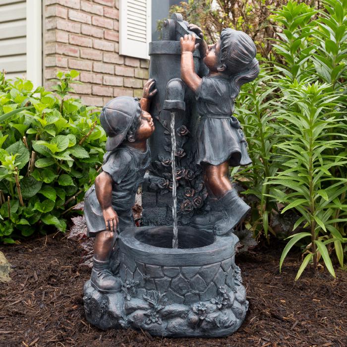 Outdoor Water Fountain With Boy and Girl By Nature Spring Bronze