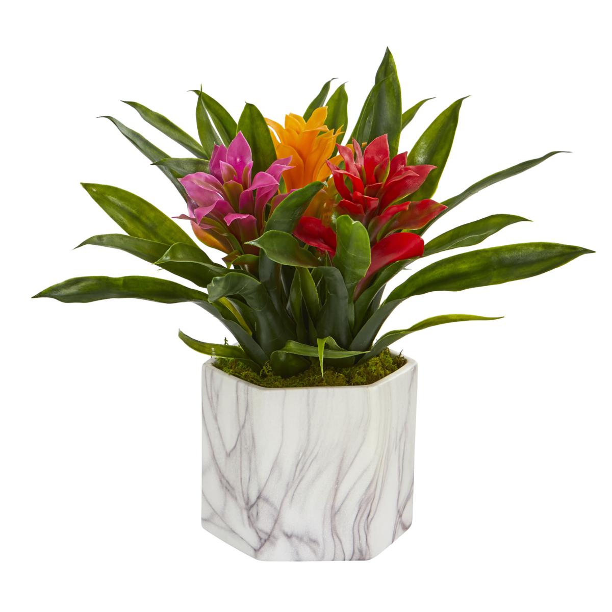 Nearly Natural Bromeliad Artificial Plant in Marble Finished Vase 20513554 HSN