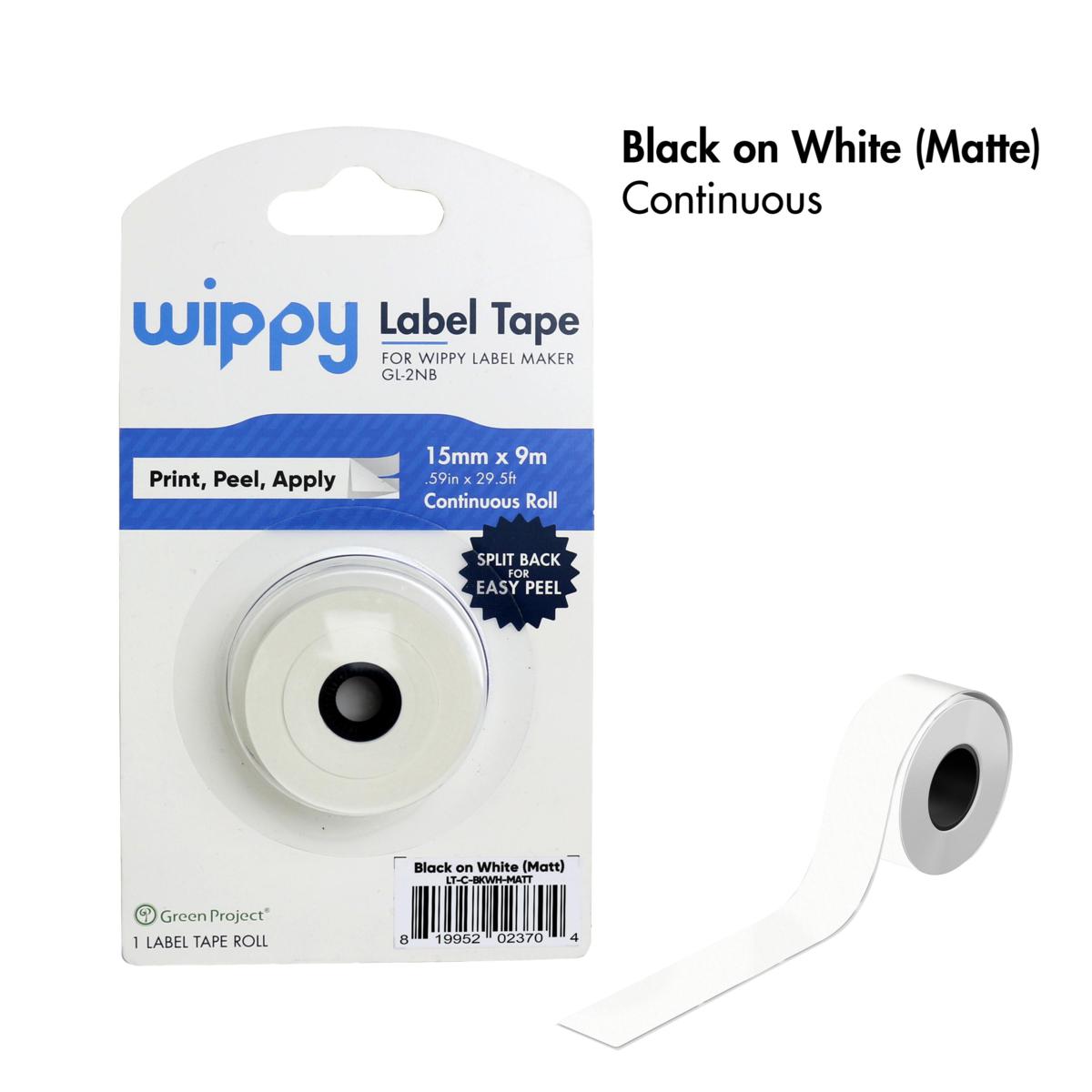 Wippy Continuous Laminated Label Tape Black on White (Matte