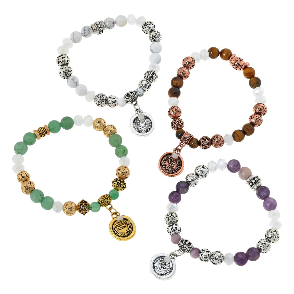 Lava & Gem Bead Stretch Bracelets Green/White/Purple/Brown 4pc Set