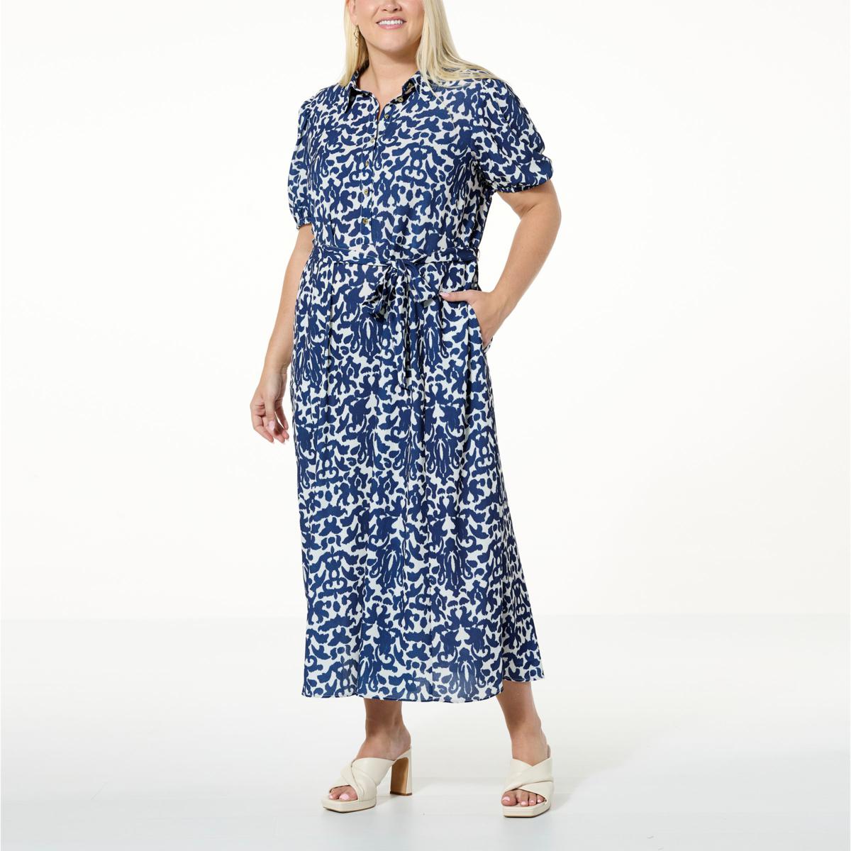 Jaclyn Smith Print Crepe Belted Maxi Shirtdress - 20826091 | HSN