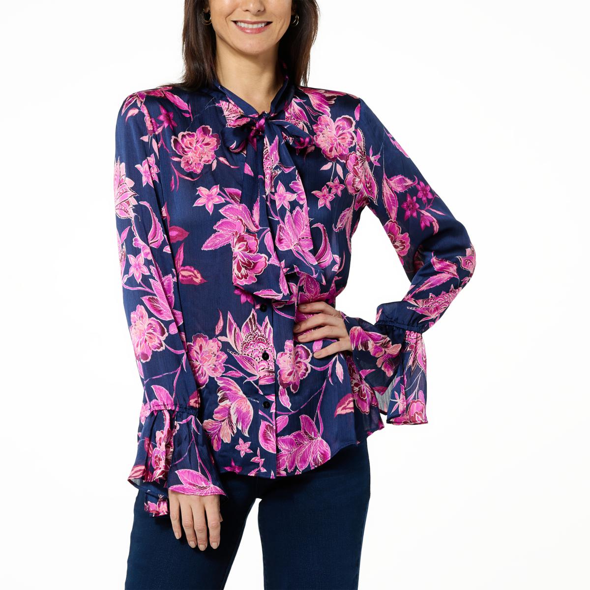IMAN Global Chic Printed Woven Neck Tie Blouse 21098312 HSN