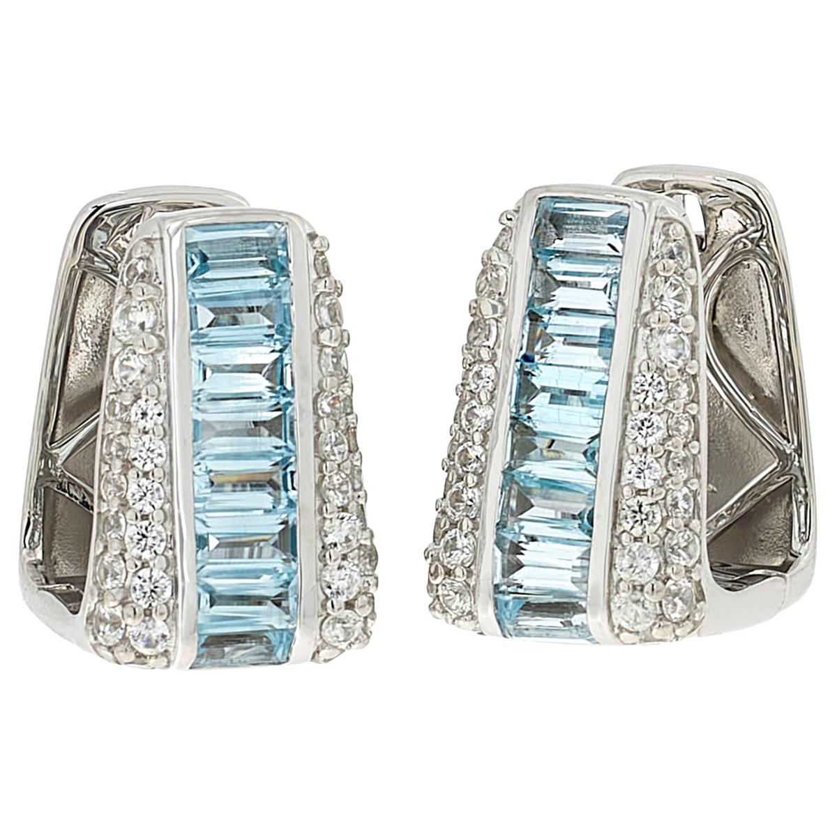 Sterling Silver Opal Huggie Hoop Earrings, Blue and White Opal, Minima