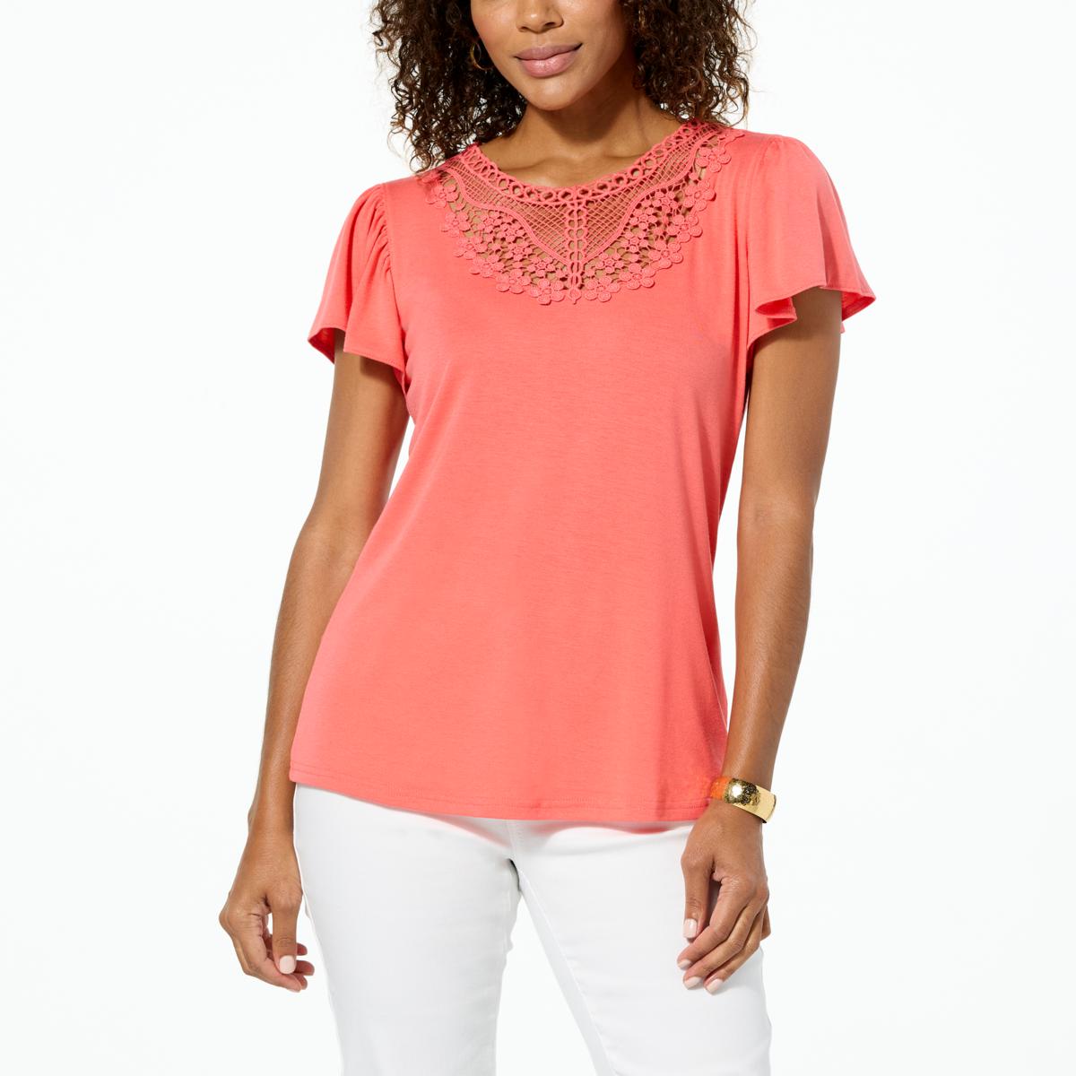 DG2 by Diane Gilman Crochet Lace Yoke Flutter Sleeve Top - 22649068 | HSN