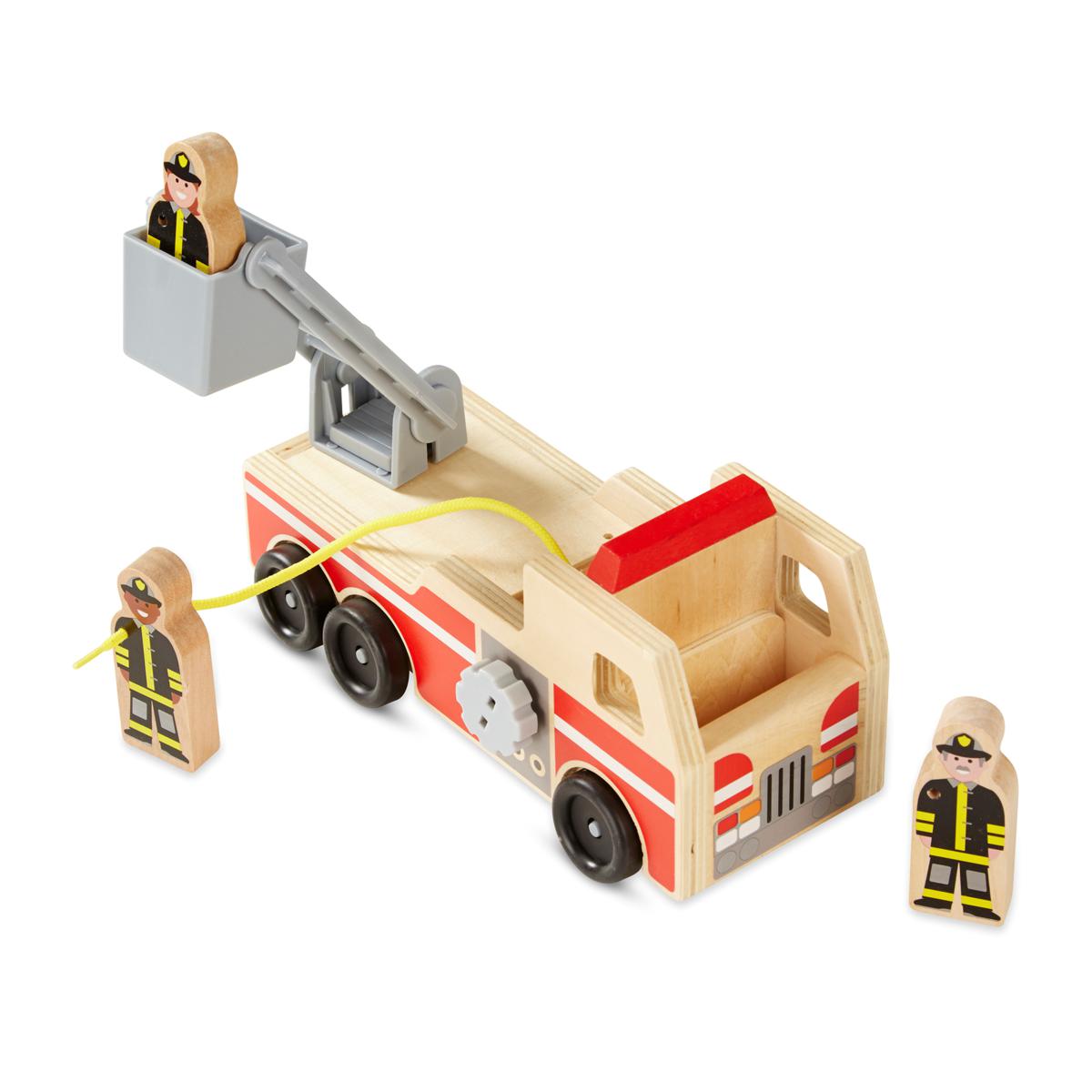 melissa & doug wooden fire truck with 3 firefighter play figures