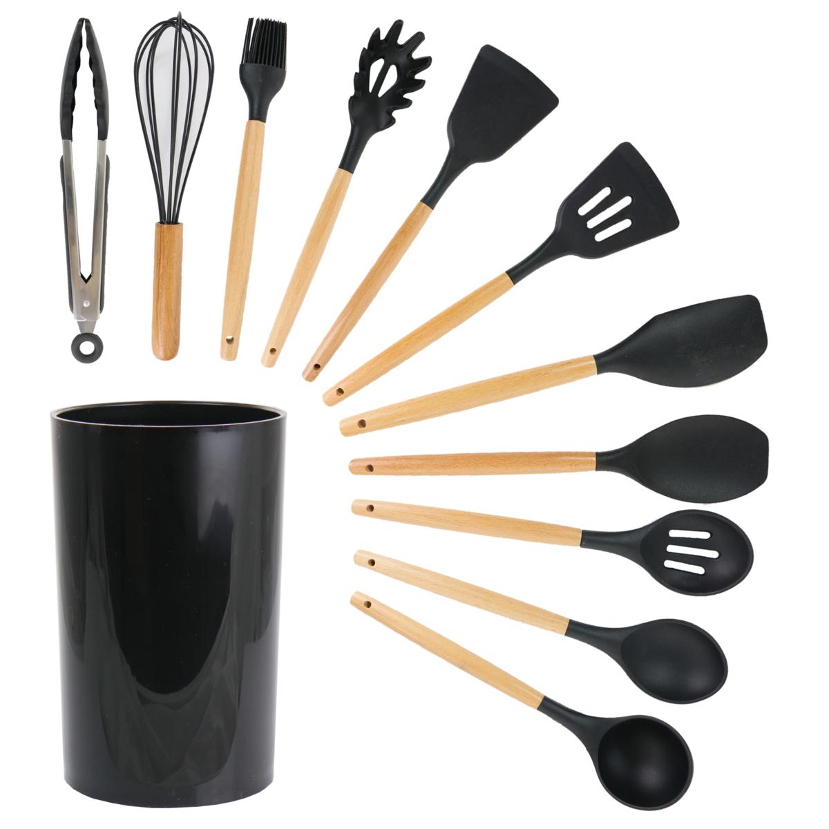 MegaChef Black Silicone and Wood Cooking Utensils, Set of 12 9884604