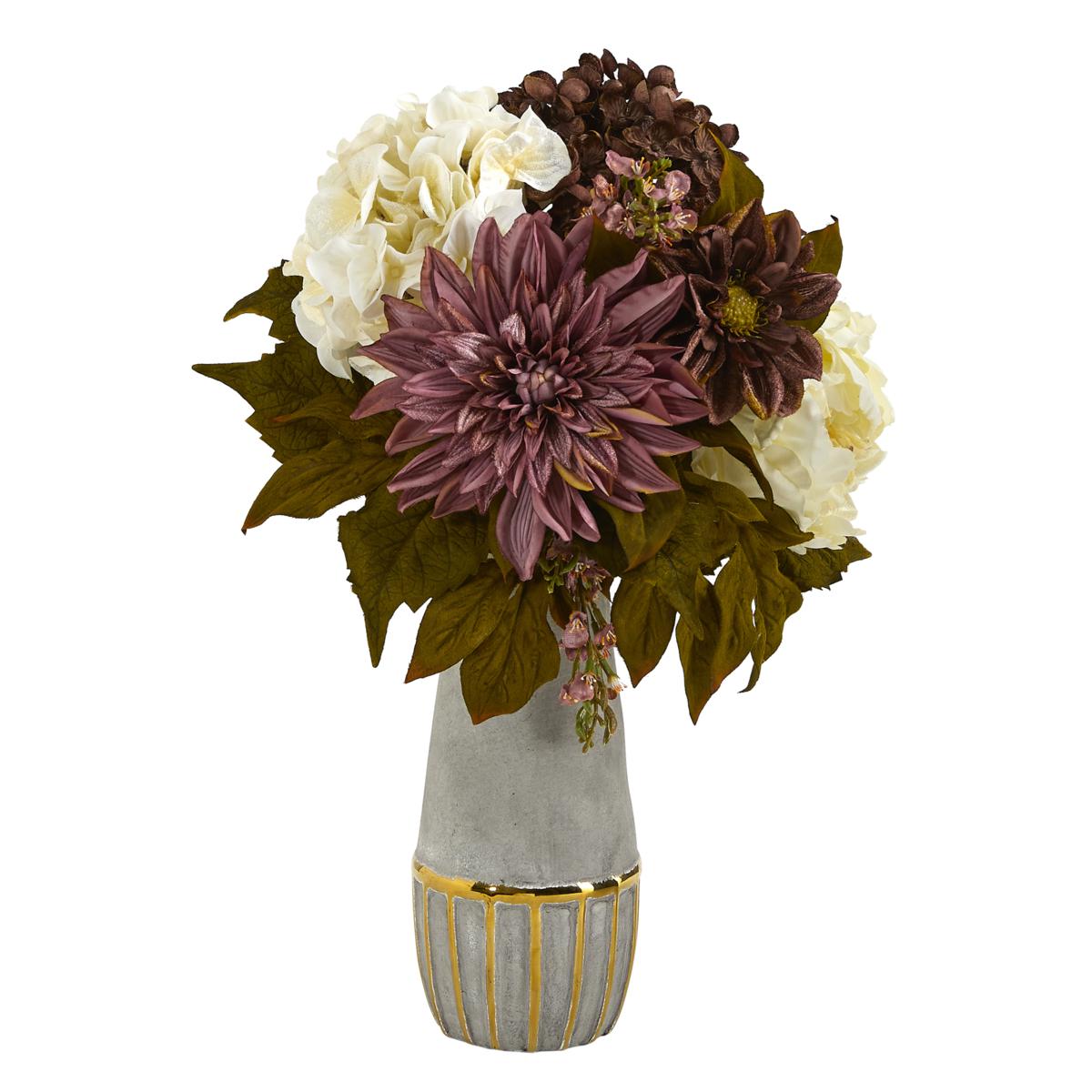 17 in. Peony, Hydrangea and Dahlia Artificial Arrangement in Stoneware ...