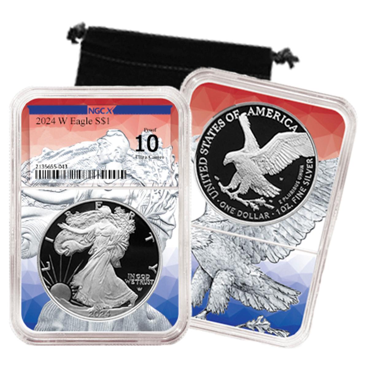 2024 NGCX Perfect 10 Silver Eagle Coin with Red, White, Blue Dual Core ...