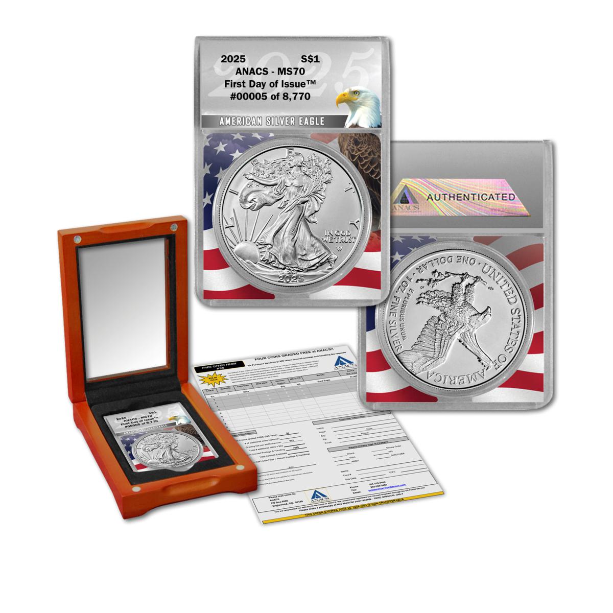 (HSN) 2025 MS70 ANACS FDOI LE 8,770 Silver Eagle and Grading