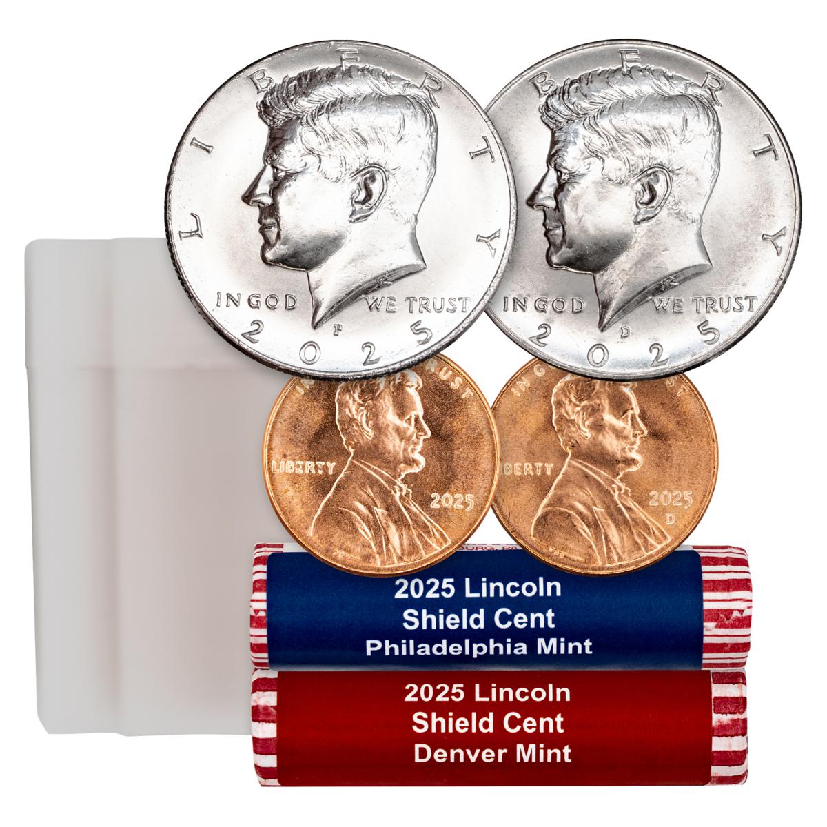 25 Uncirculated Lincoln Shield Cents & Kennedy Half Dollars