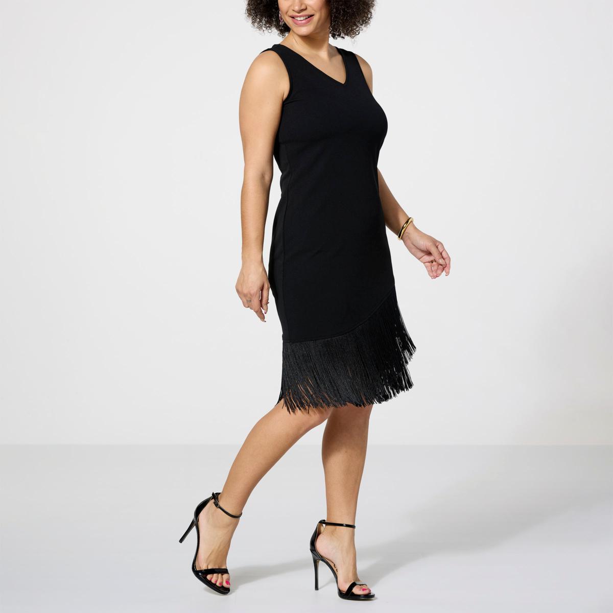 Antthony V-Neck Scuba Knit Tank Dress with Fringe Hem