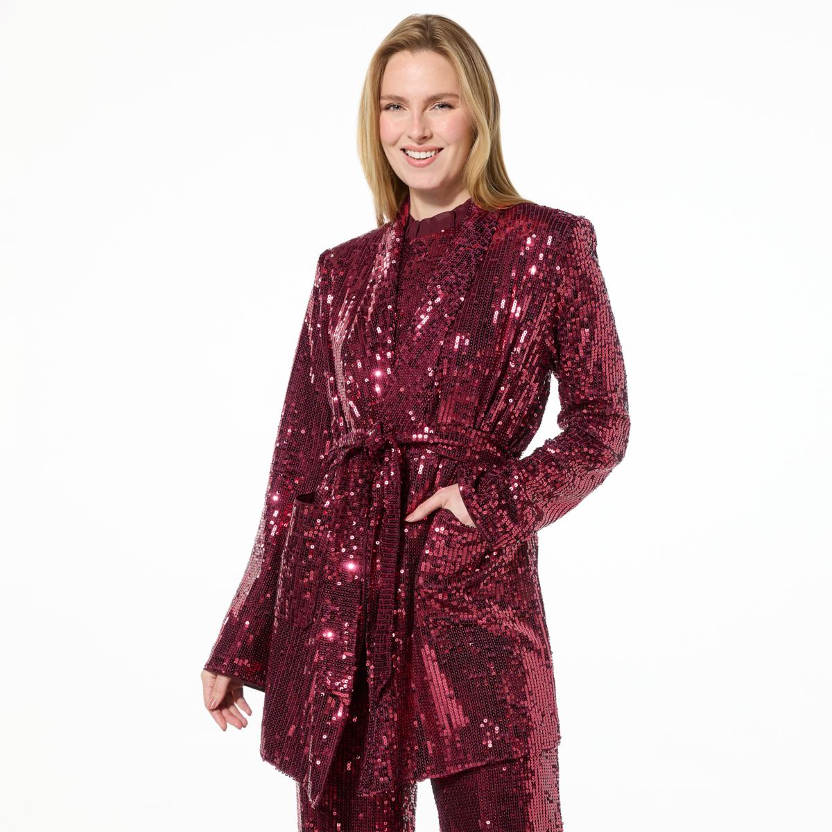 badgley mischka sequin tie waist blazer